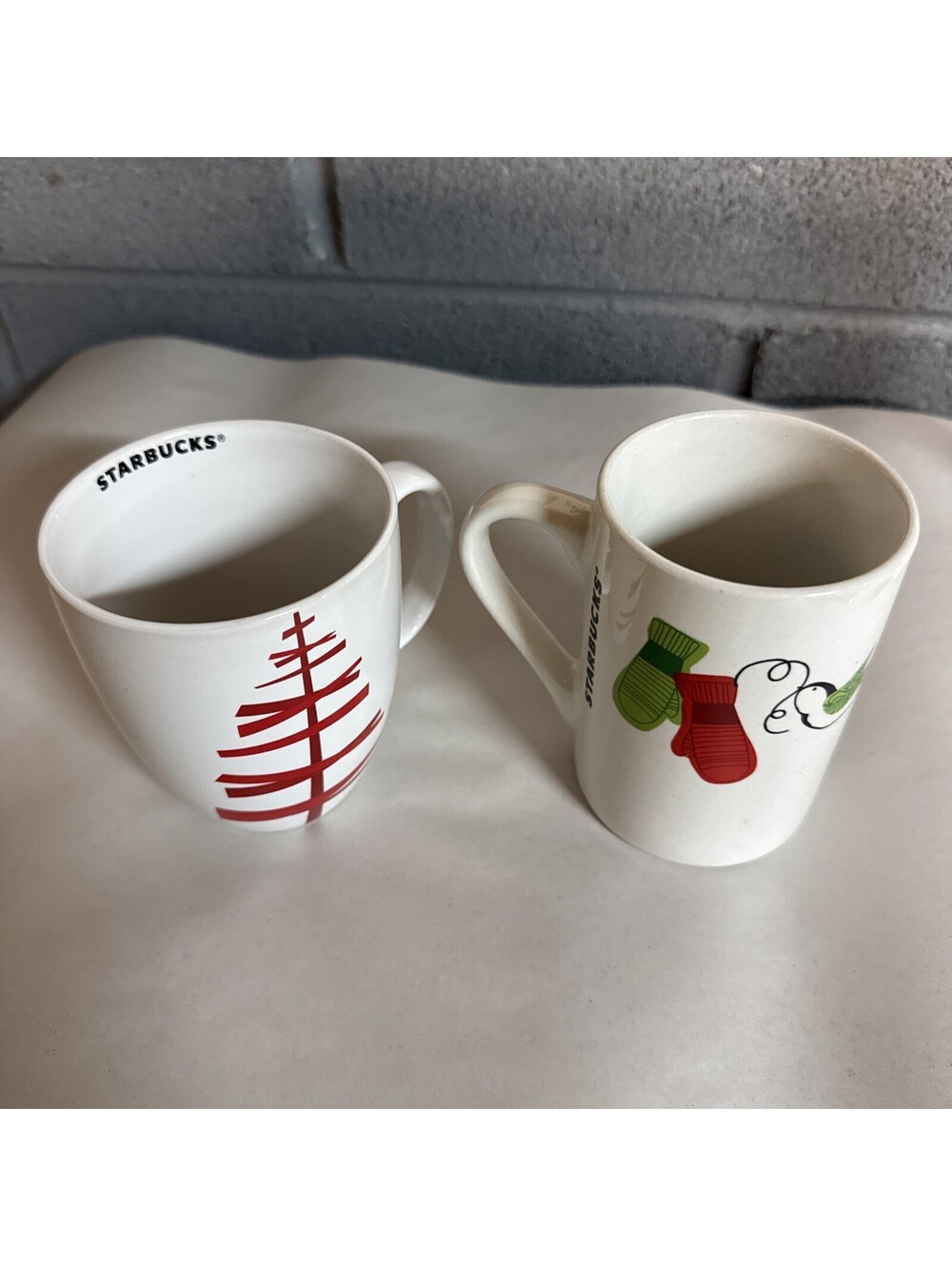 2 STARBUCKS Holiday Coffee Mugs-Christmas Tree 2012 12 Oz And Mittens 2011 10 O